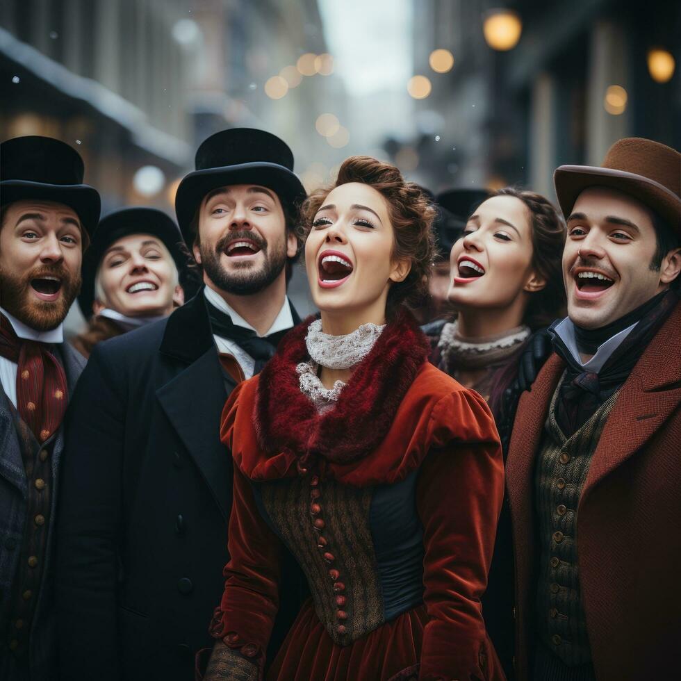 une groupe de chanteurs habillé dans victorien tenue en chantant sur une neigeux rue. photo