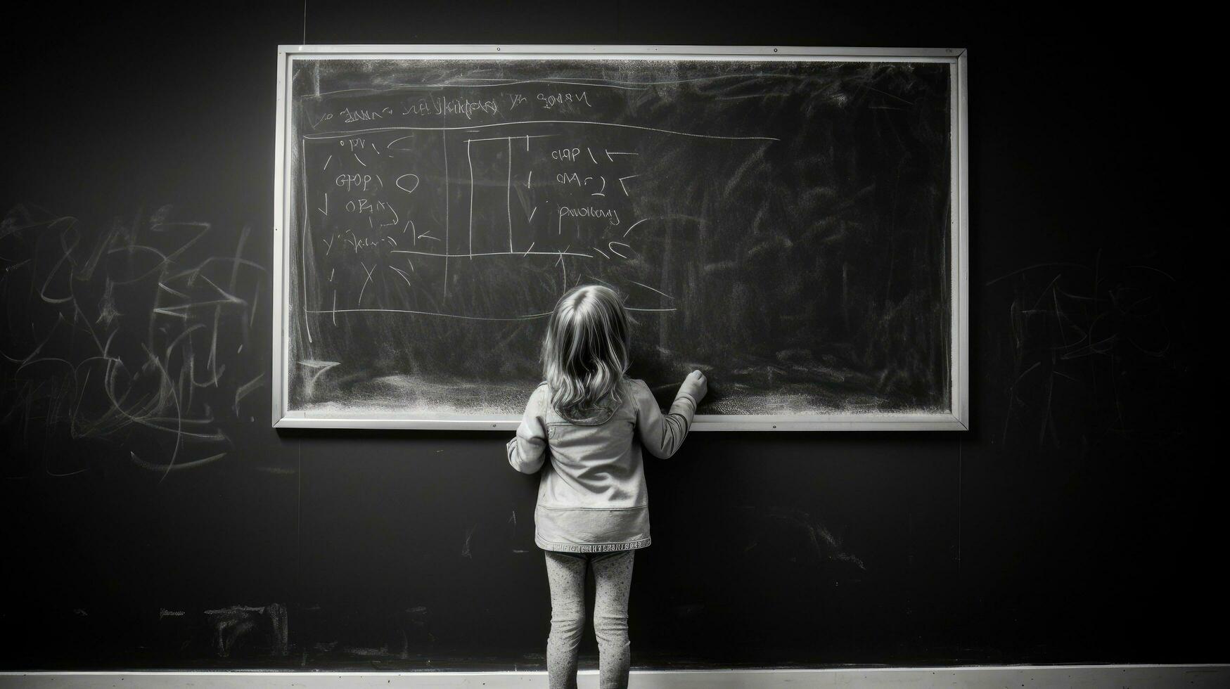 peu fille l'écriture sur une tableau noir photo