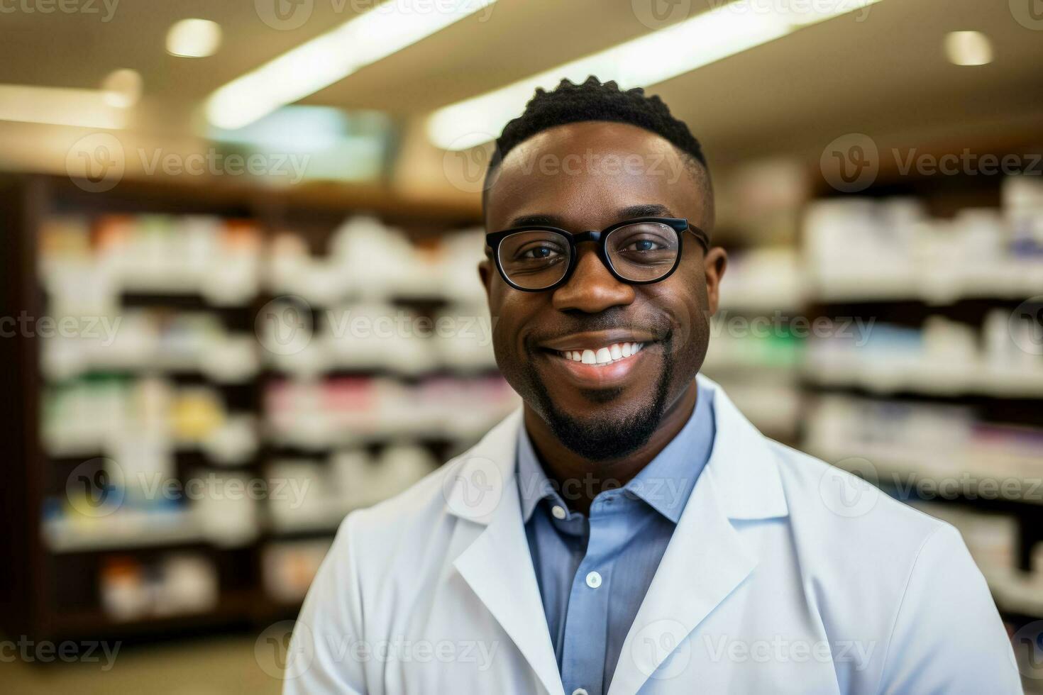 souriant Masculin pharmacien dans blanc manteau pose pour caméra à pharmacie photo