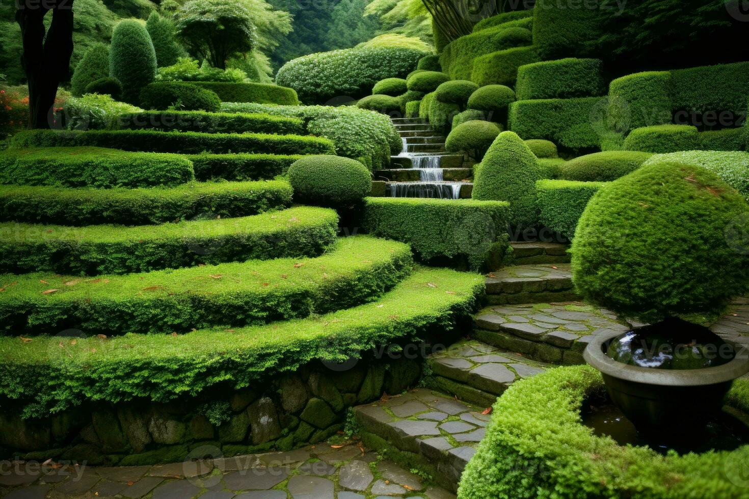 Fontaine chemins des buissons les plantes. produire ai photo