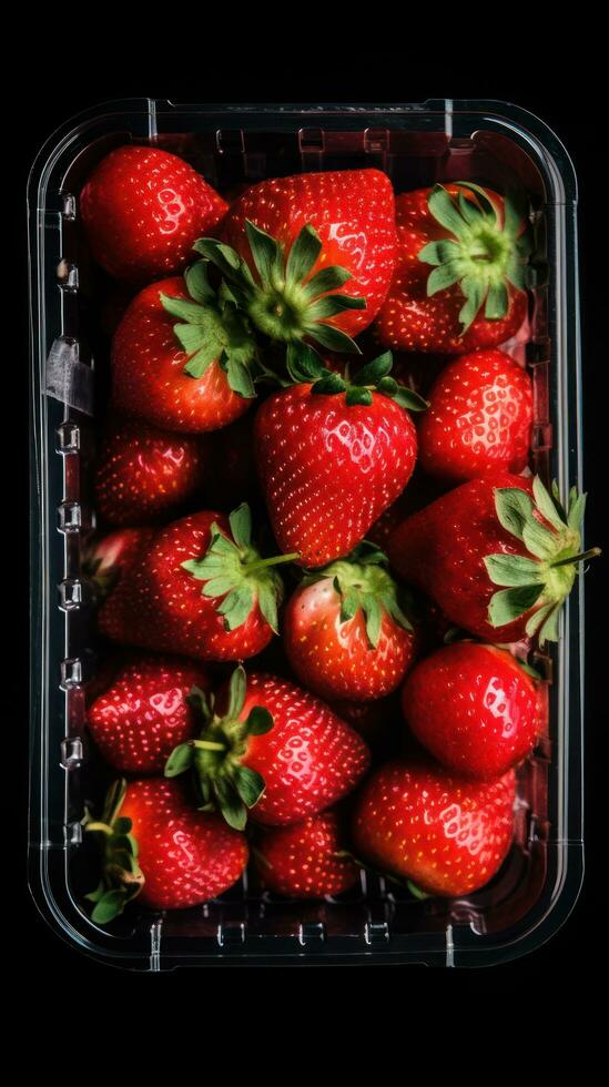 des fraises dans une Plastique récipient sur une noir Contexte ai généré photo