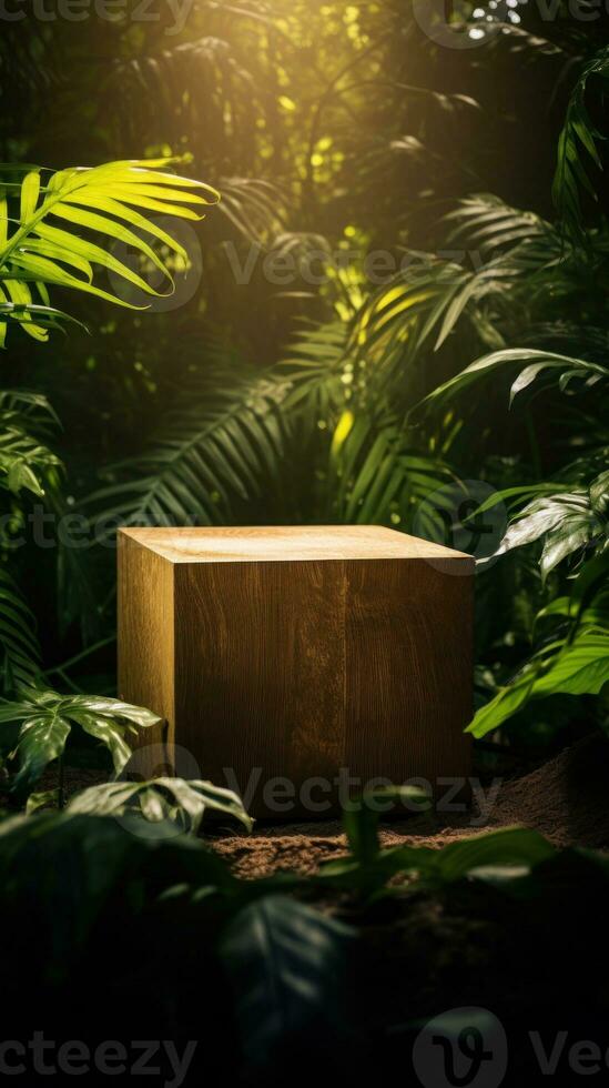 une en bois cube séance sur Haut de une moussu forêt ai généré photo