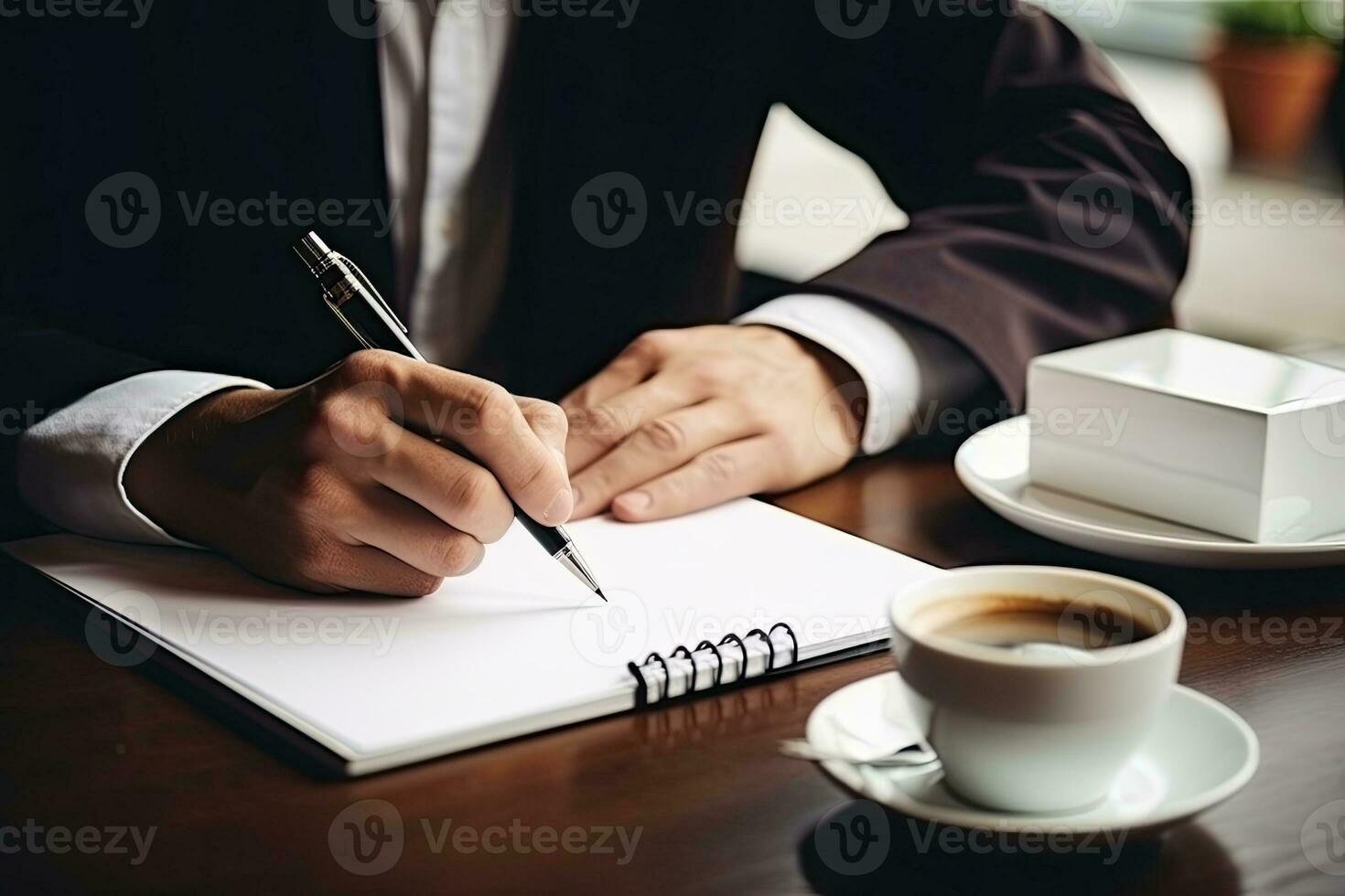 proche en haut de homme d'affaire signature contracter. homme d'affaire séance à table et l'écriture dans bloc-notes. génératif ai photo