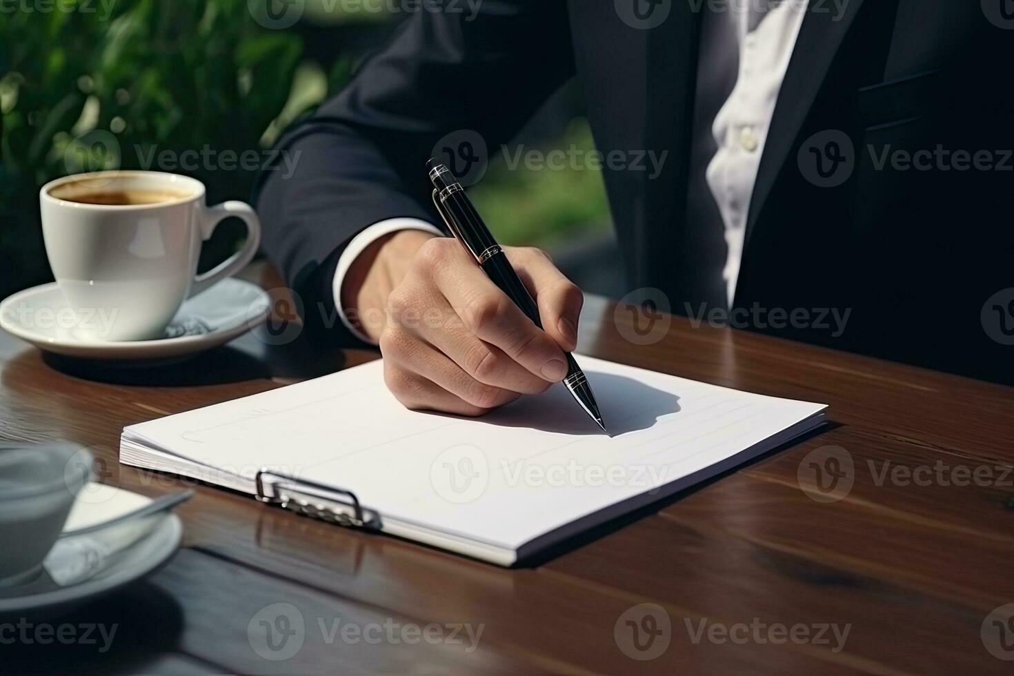 proche en haut de homme d'affaire signature contracter. homme d'affaire séance à table et l'écriture dans bloc-notes. génératif ai photo