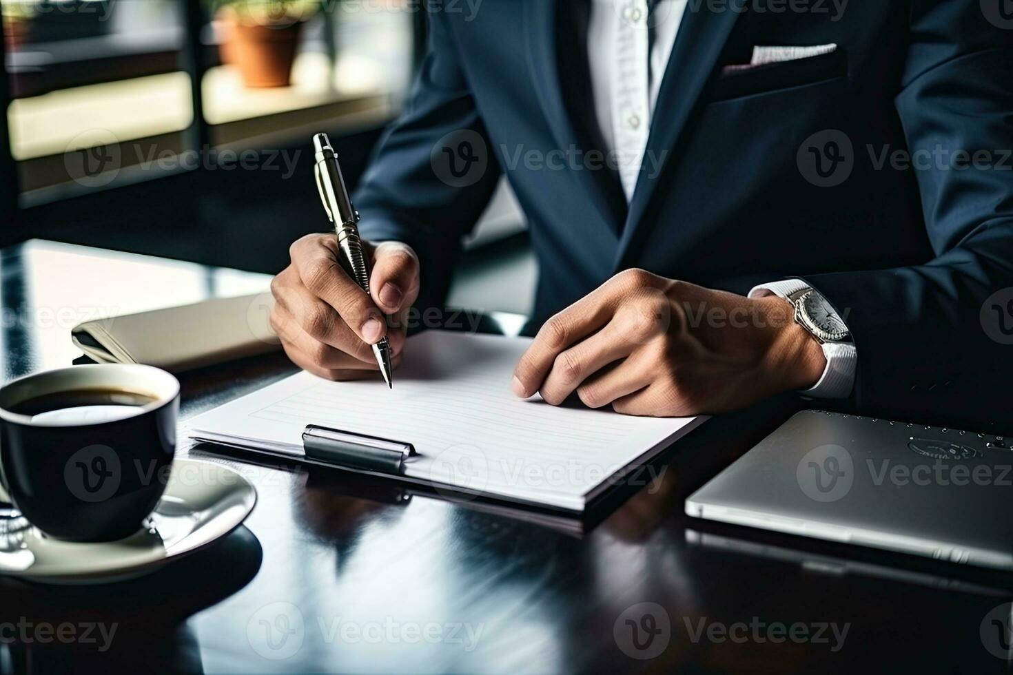 proche en haut de homme d'affaire signature contracter. homme d'affaire séance à table et l'écriture dans bloc-notes. génératif ai photo