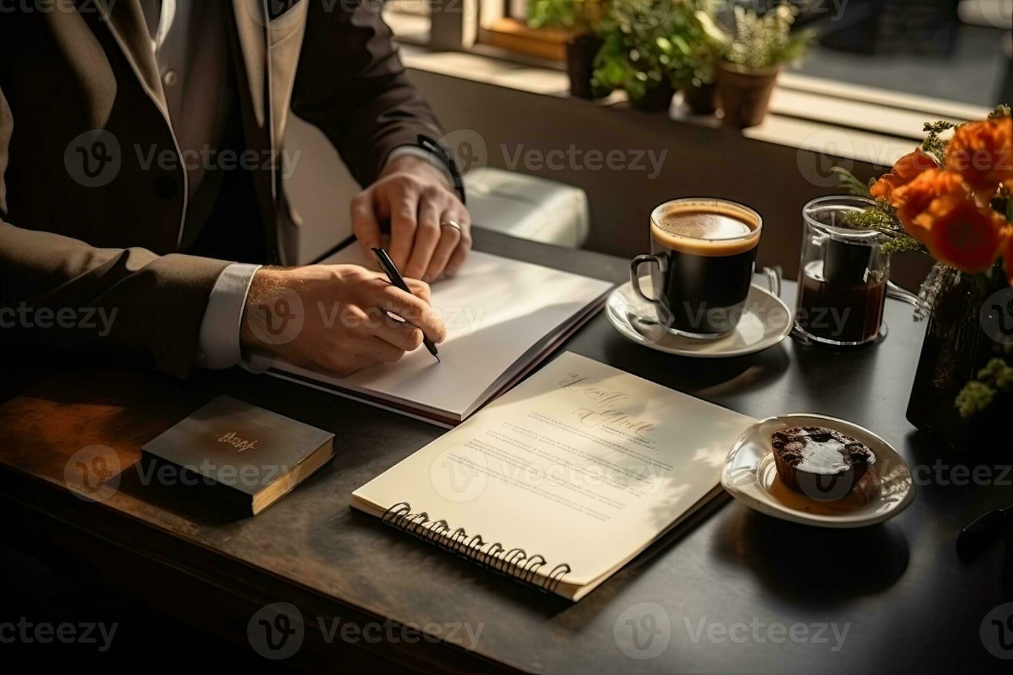 proche en haut de homme d'affaire signature contracter. homme d'affaire séance à table et l'écriture dans bloc-notes. génératif ai photo