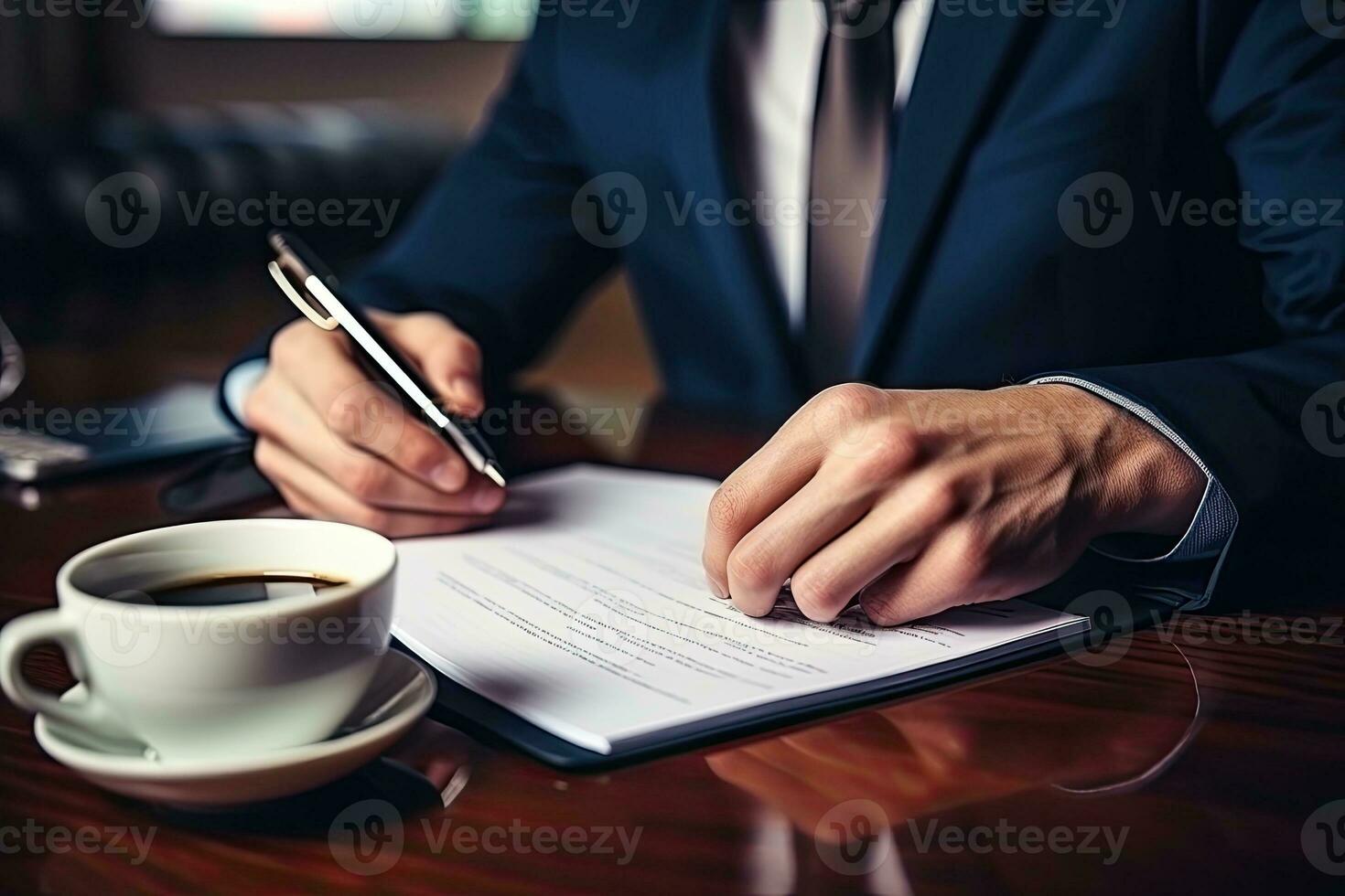 proche en haut de homme d'affaire signature contracter. homme d'affaire séance à table et l'écriture dans bloc-notes. génératif ai photo