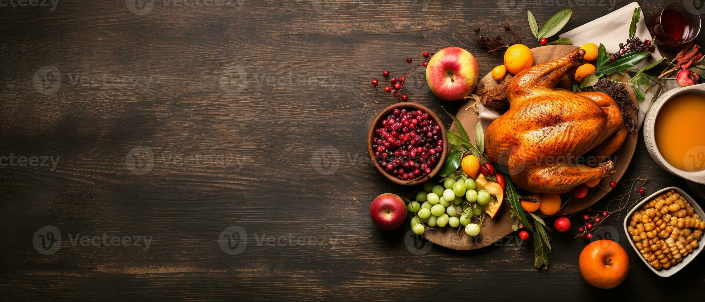 traditionnel fait maison rôti action de grâces journée dinde dîner. vue de dessus table scène sur une foncé bois bannière Contexte. Turquie, en purée patates, pansement, citrouille tarte, et côtés. génératif ai photo