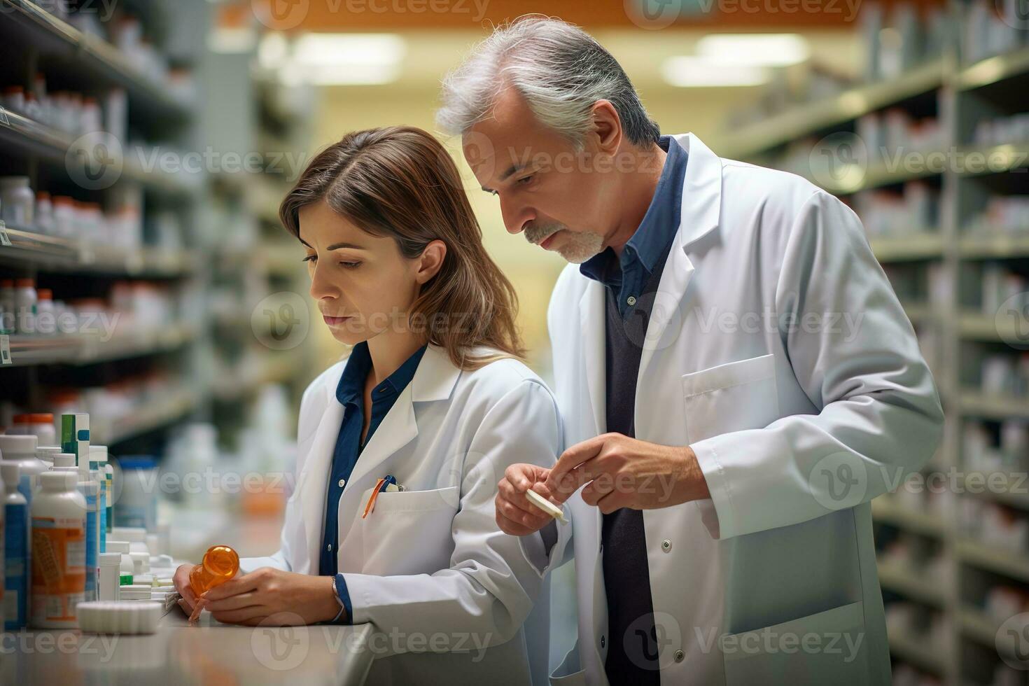 pharmacien mélange une médicament avec Sénior à le hôpital pharmacie. génératif ai photo