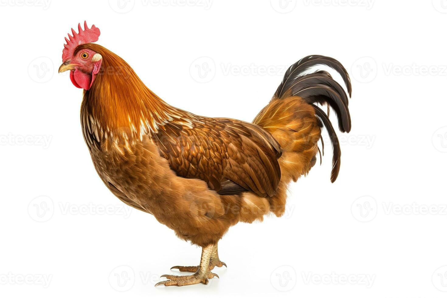 marron poulet permanent sur blanc arrière-plan, à la recherche à caméra avec brillant yeux. génératif ai photo