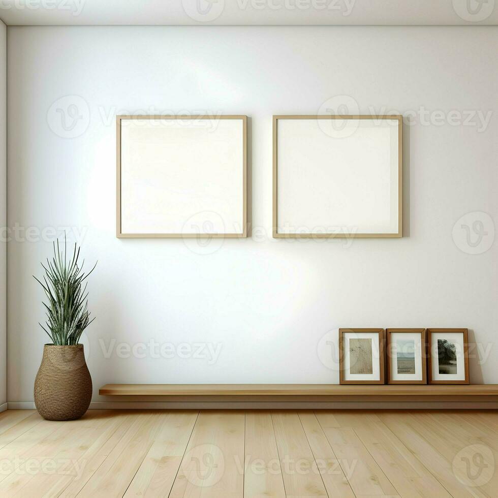 deux photo Vide image cadres sur parquet sol blanc mur. haute résolution. ai génératif