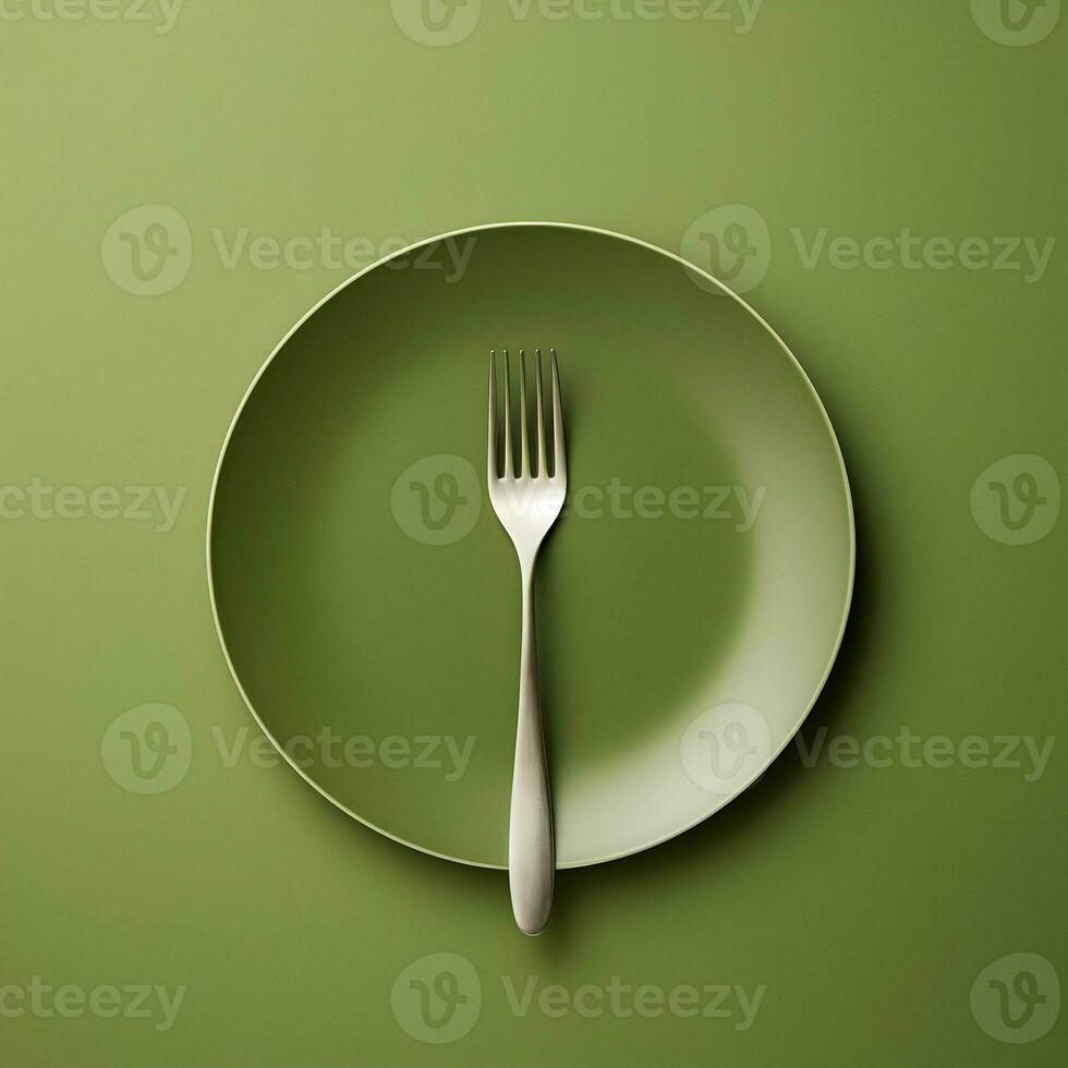 minimaliste vert céramique assiette avec métal fourchette et couteau. Haut voir. haute résolution. ai génératif photo