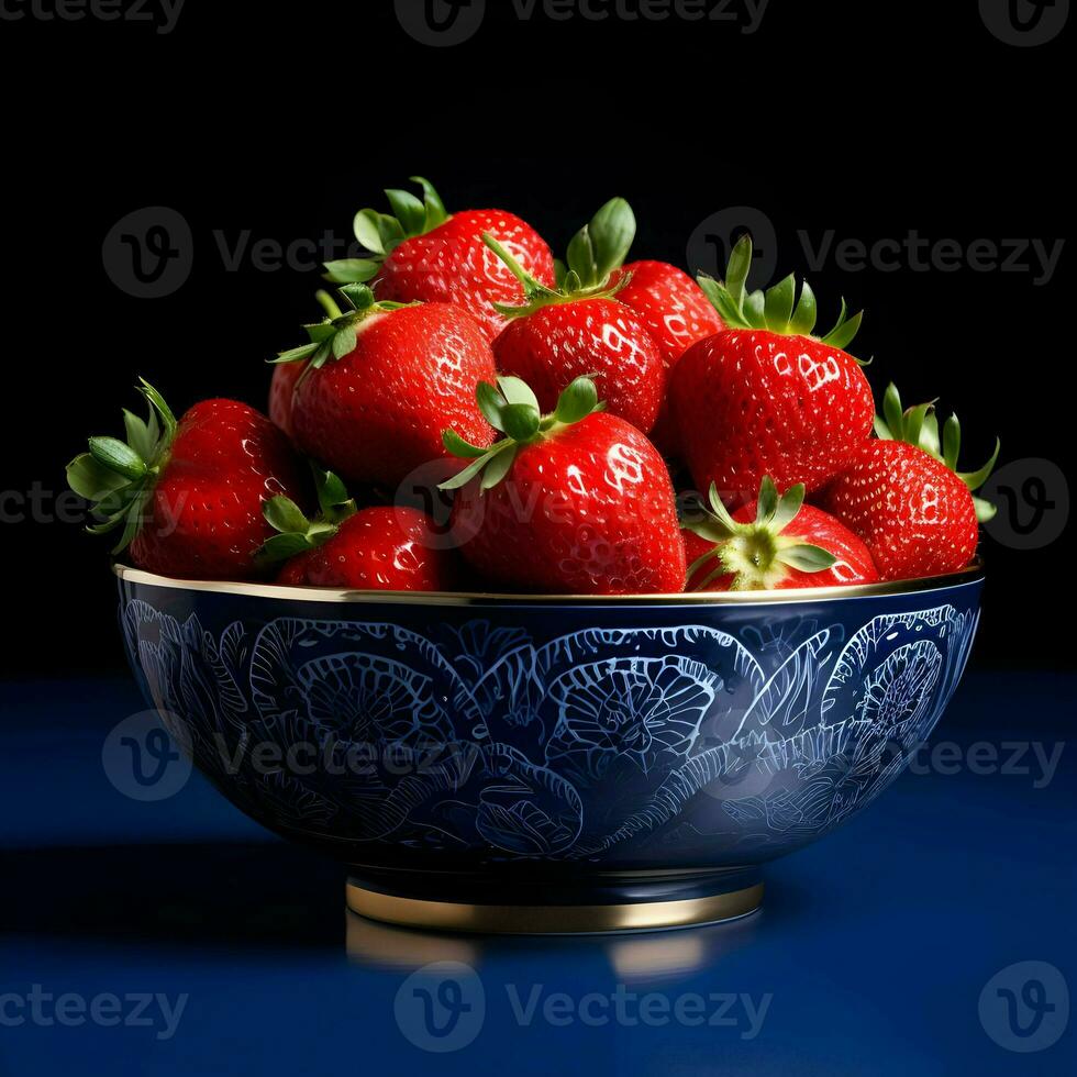 bleu bol avec Frais Couper fraise. haute résolution. ai génératif photo