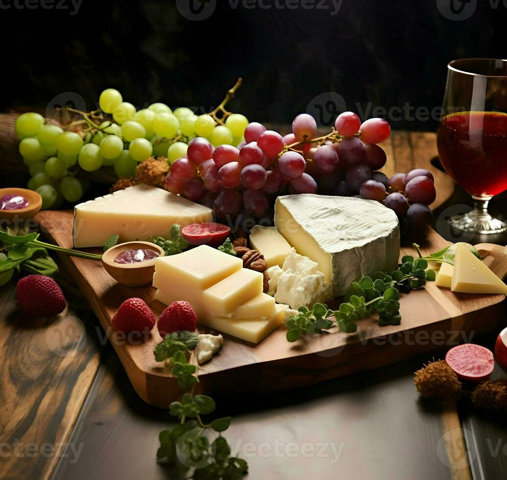 biologique grain de raisin et fromage sur en bois plat. haute qualité. ai génératif photo