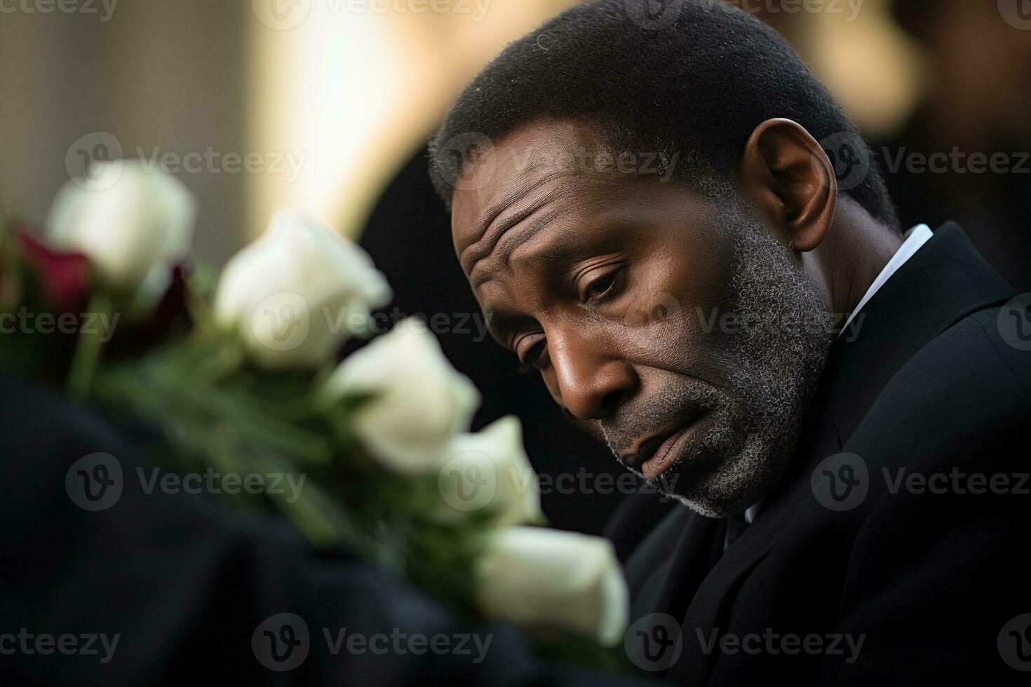fermer coup de une Sénior homme dans de face de une funéraire bouquet ai généré photo