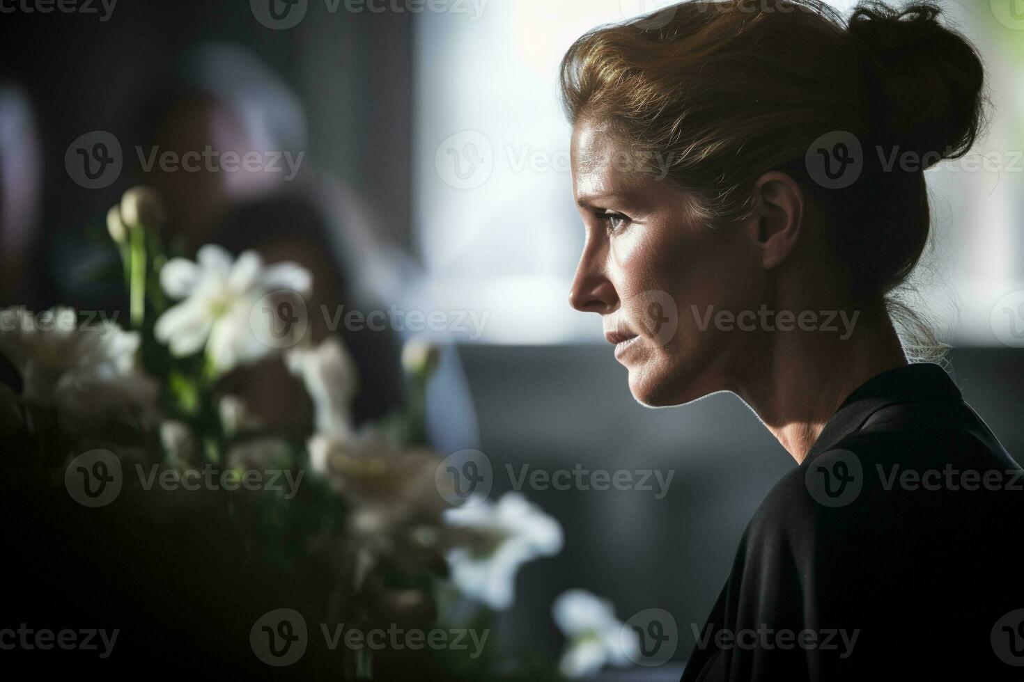 portrait de une triste femme avec une funéraire bouquet de fleurs ai généré photo