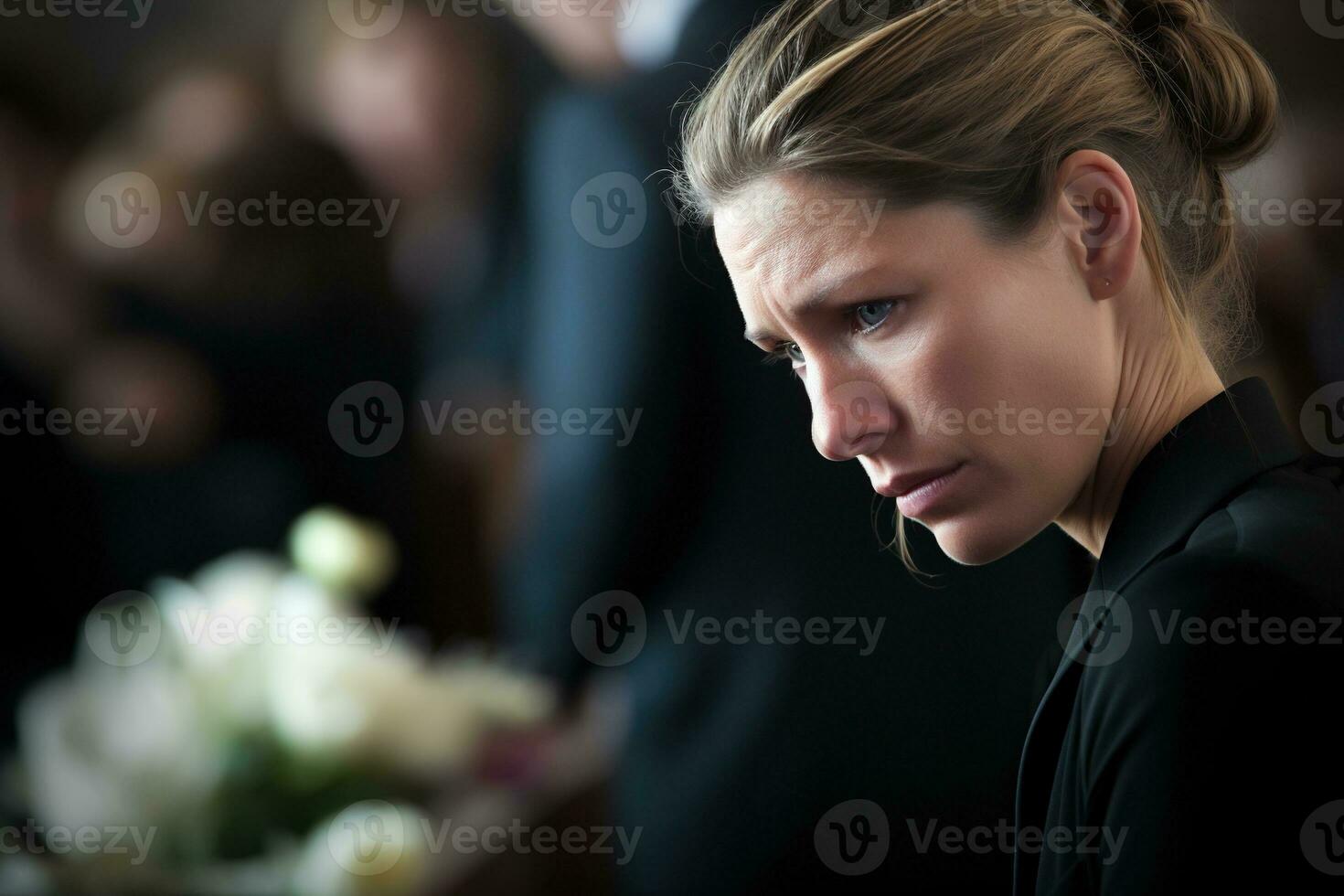portrait de une triste femme avec une funéraire bouquet de fleurs ai généré photo