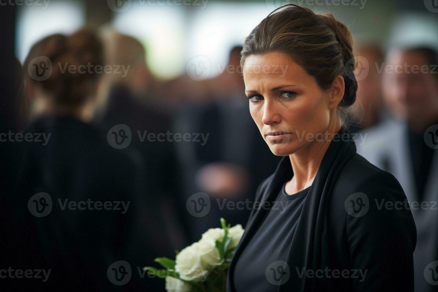 portrait de une triste femme avec une funéraire bouquet de fleurs ai généré photo