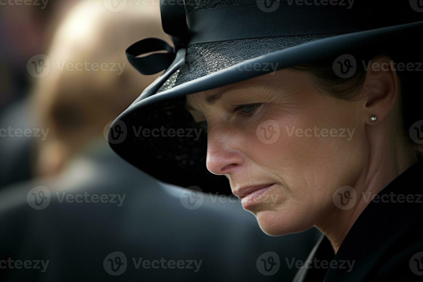 portrait de une triste femme avec une funéraire bouquet de fleurs ai généré photo