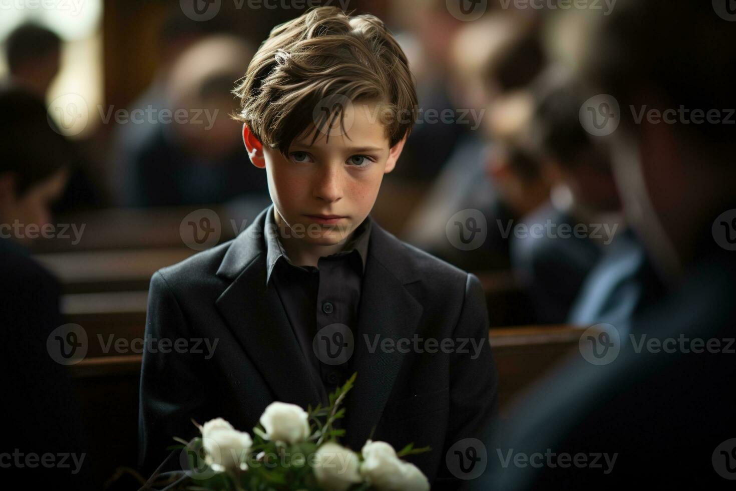 portrait de une garçon dans une noir costume avec une funéraire bouquet de fleurs ai généré photo