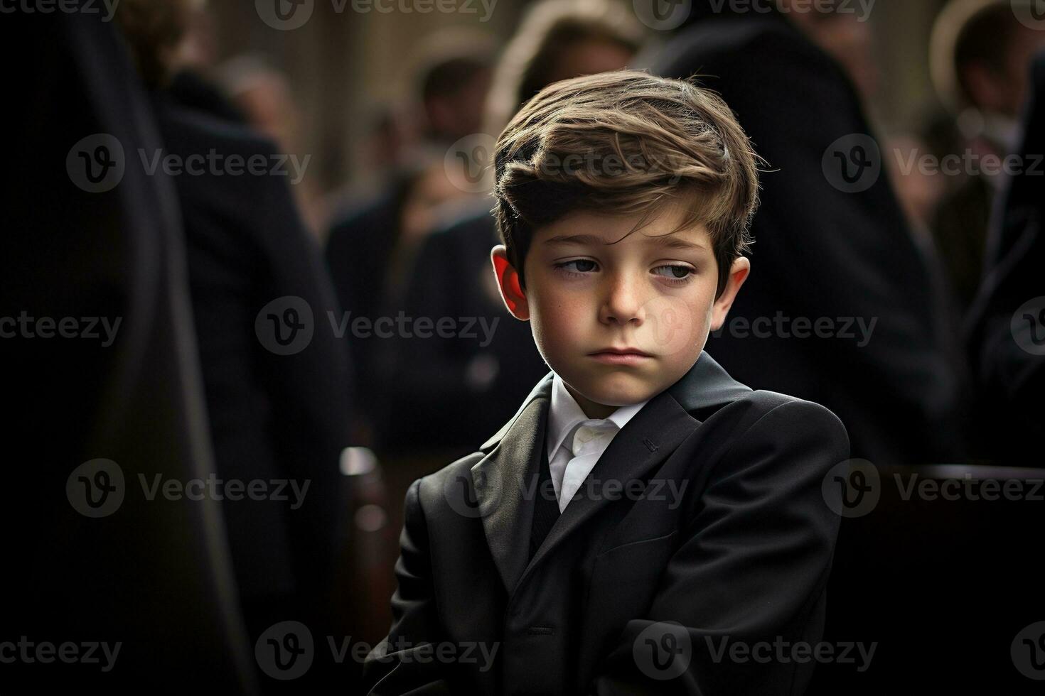 portrait de une garçon dans une noir costume avec une funéraire bouquet de fleurs ai généré photo