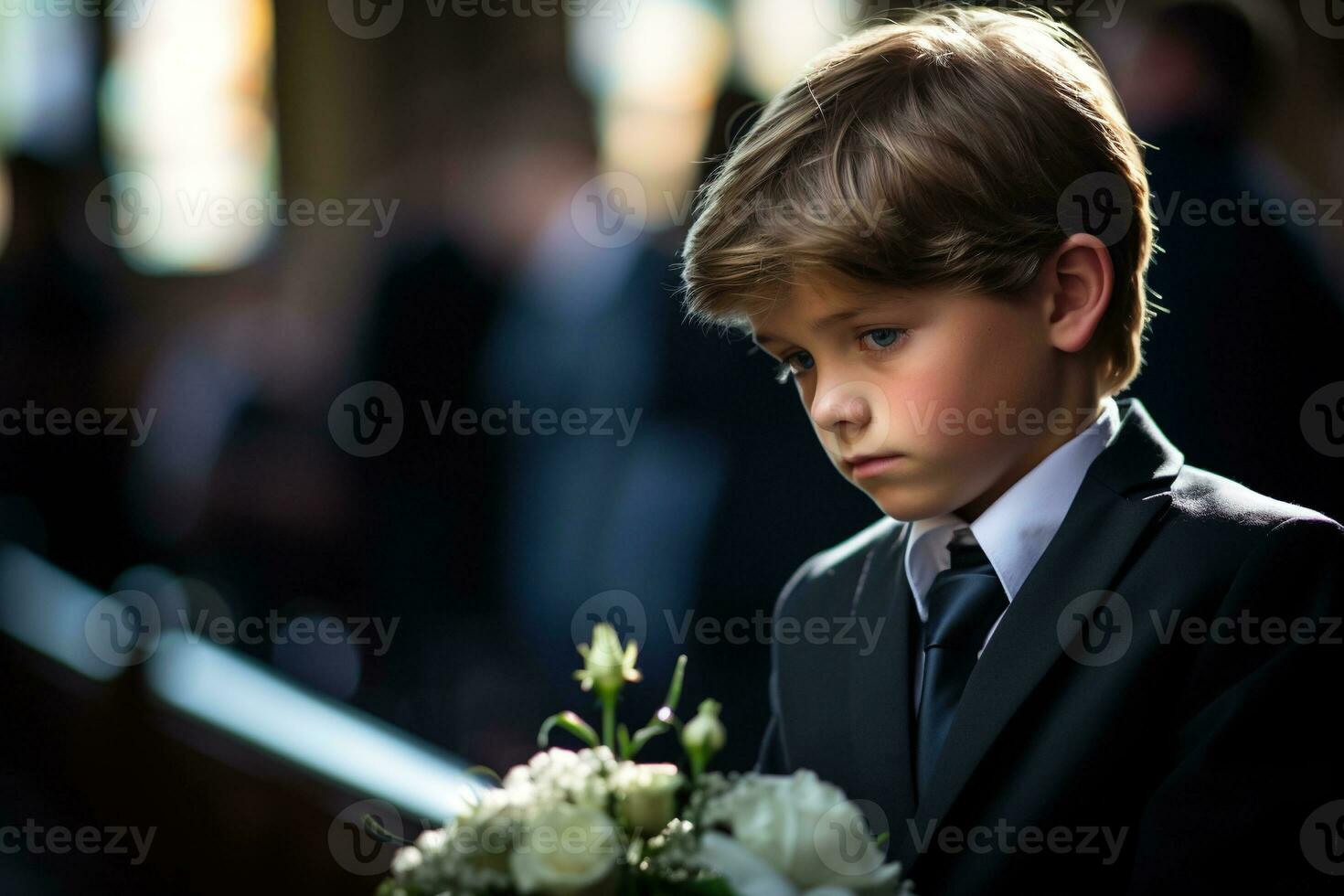 portrait de une garçon dans une noir costume avec une funéraire bouquet de fleurs ai généré photo