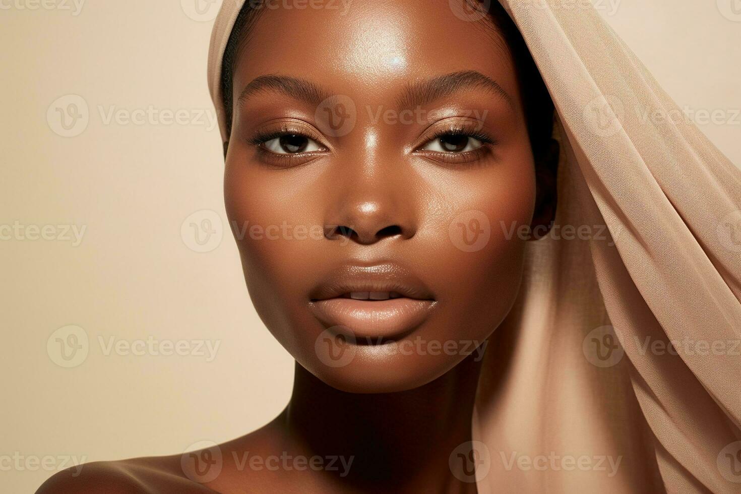 portrait de une magnifique africain américain femme avec foncé peau et Naturel maquillage ai généré photo