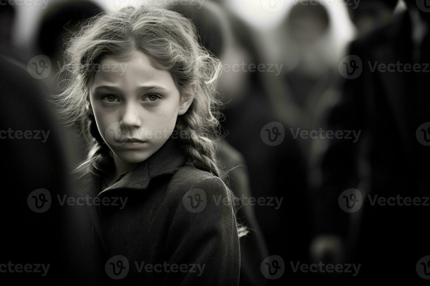 portrait de une triste peu fille sur le Contexte de le foule.funérailles concept ai généré photo