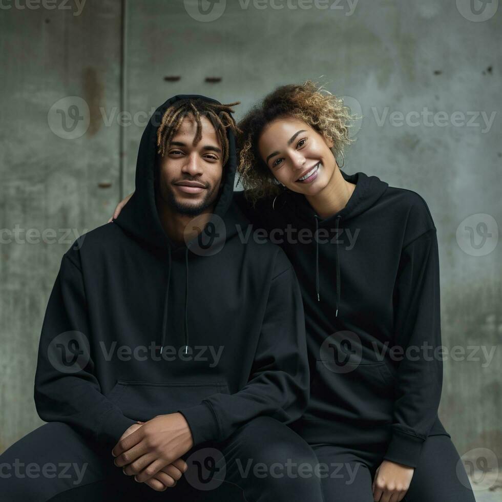 illustration de une modecouple portrait avec plaine sweat à capuche maquette, ai généré photo