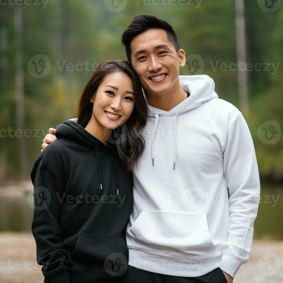 illustration de une modecouple portrait avec plaine sweat à capuche maquette, ai généré photo