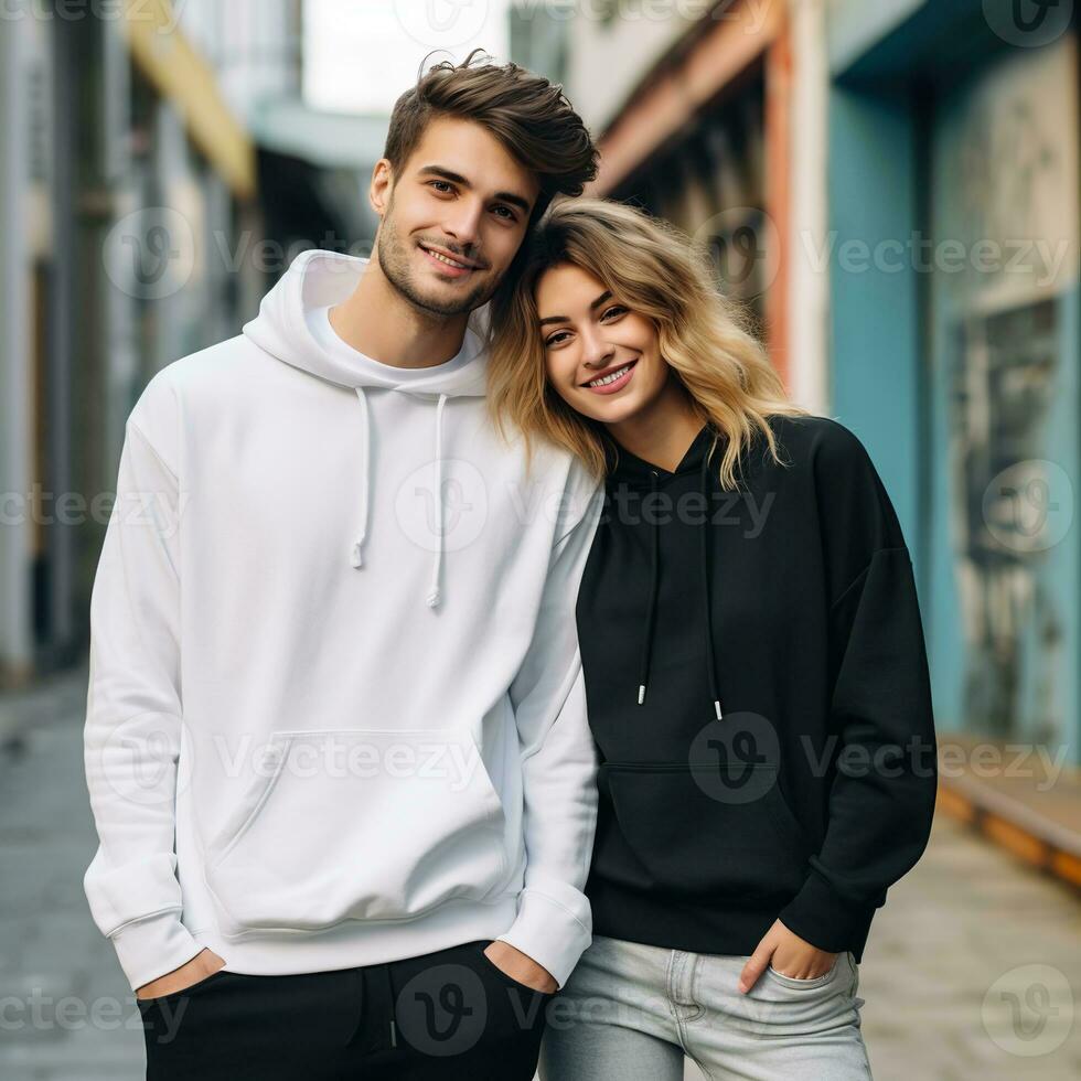 illustration de une modecouple portrait avec plaine sweat à capuche maquette, ai généré photo