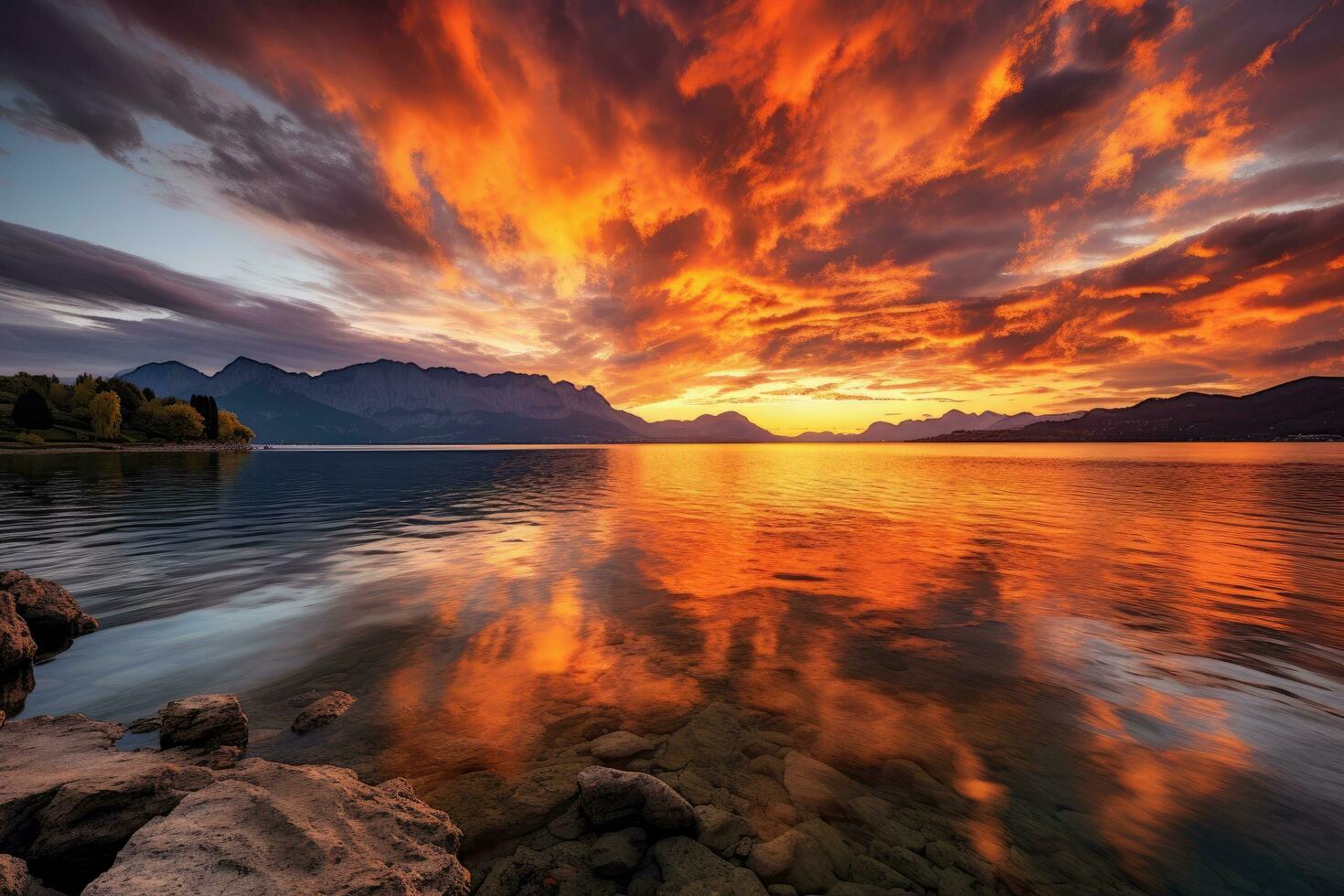 magnifique le coucher du soleil plus de Lac wakatipu, queenstown, Nouveau la zélande, brillant le coucher du soleil plus de Lac Genève, Suisse, d'or des nuages réfléchir dans le eau, ai généré photo