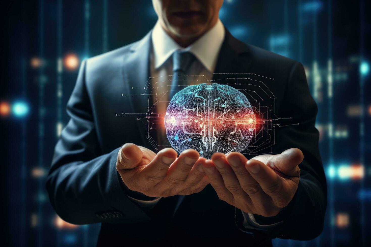 proche en haut de homme d'affaire en portant numérique cerveau dans palmier. artificiel intelligence concept, homme d'affaire main en utilisant numérique cerveau interface avec Les données une analyse et nuage l'informatique concept, ai généré photo