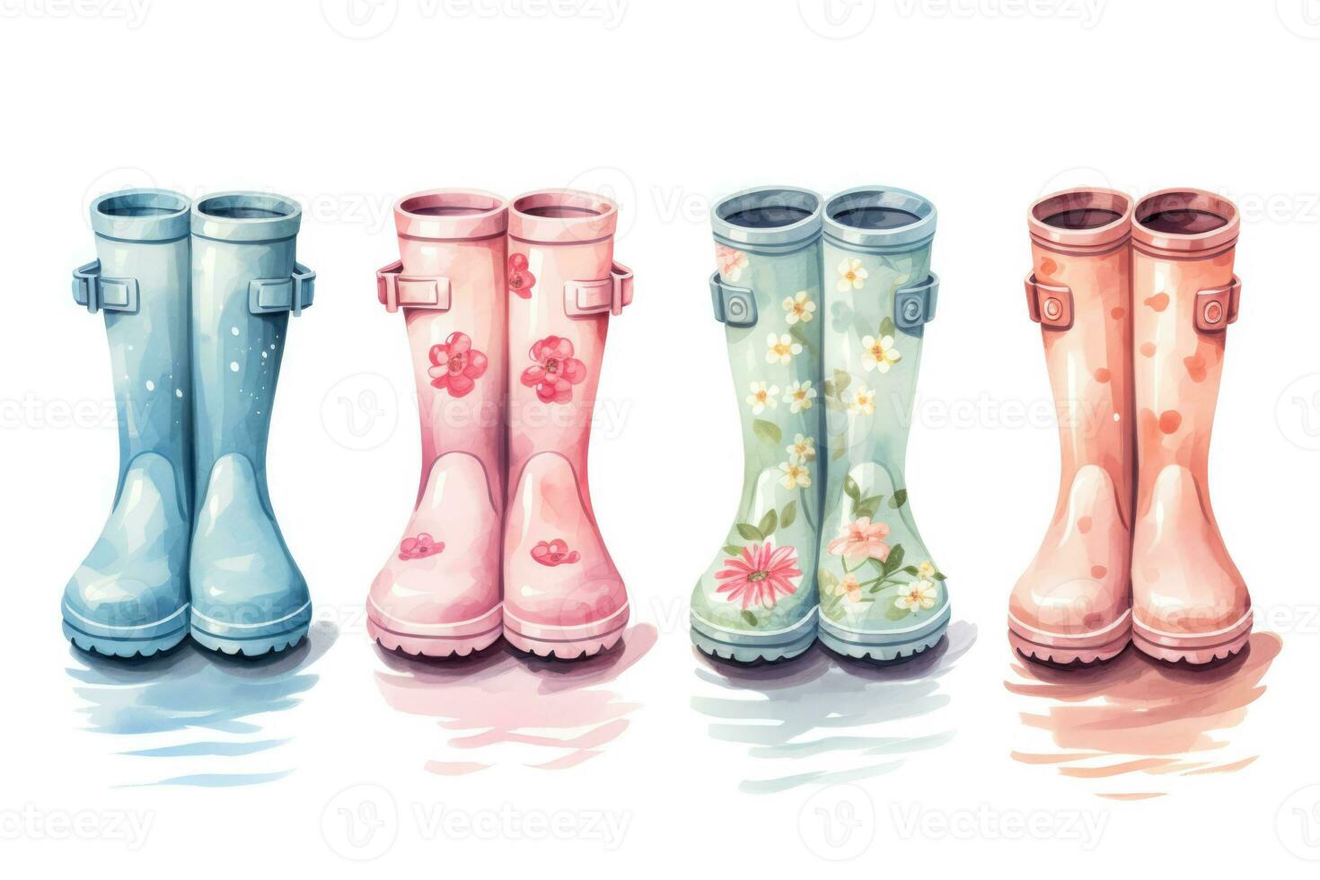 main tiré pastel numérique aquarelle peindre esquisser de caoutchouc bottes avec divers impressions pour bébé garçons et les filles isolé proche en haut élément pour printemps ou été décoration photo