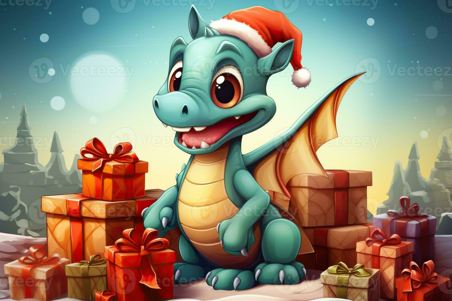une mignonne dessin animé bleu dragon dans une Père Noël chapeau est assis suivant à le Noël cadeaux et des arbres. Nouveau année animal illustration. photo