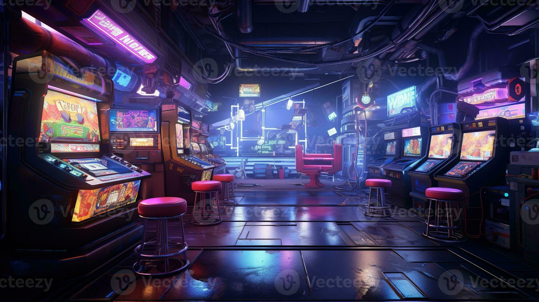 génératif ai, cyberpunk style Jeu bar ou café. nuit scène de gros ville, futuriste nostalgique années 80, années 90. néon lumières vibrant couleurs, photoréaliste horizontal photo