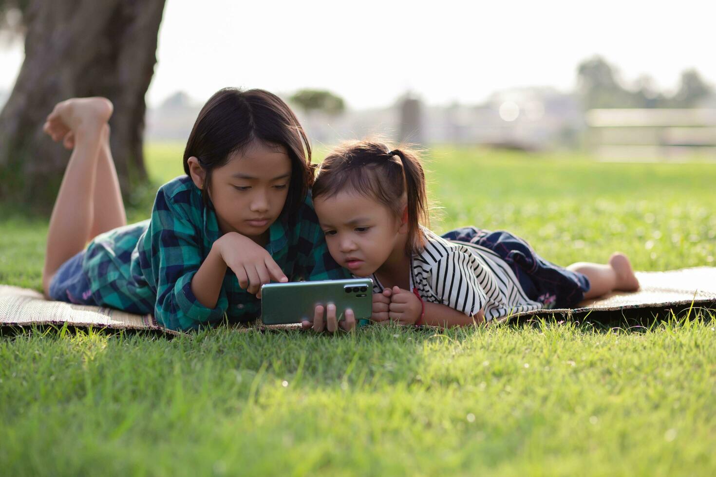 deux Jeune les filles mensonge sur le pelouse à la recherche à leur Téléphone (s, été, d'or heure, le coucher du soleil. sstkhome photo