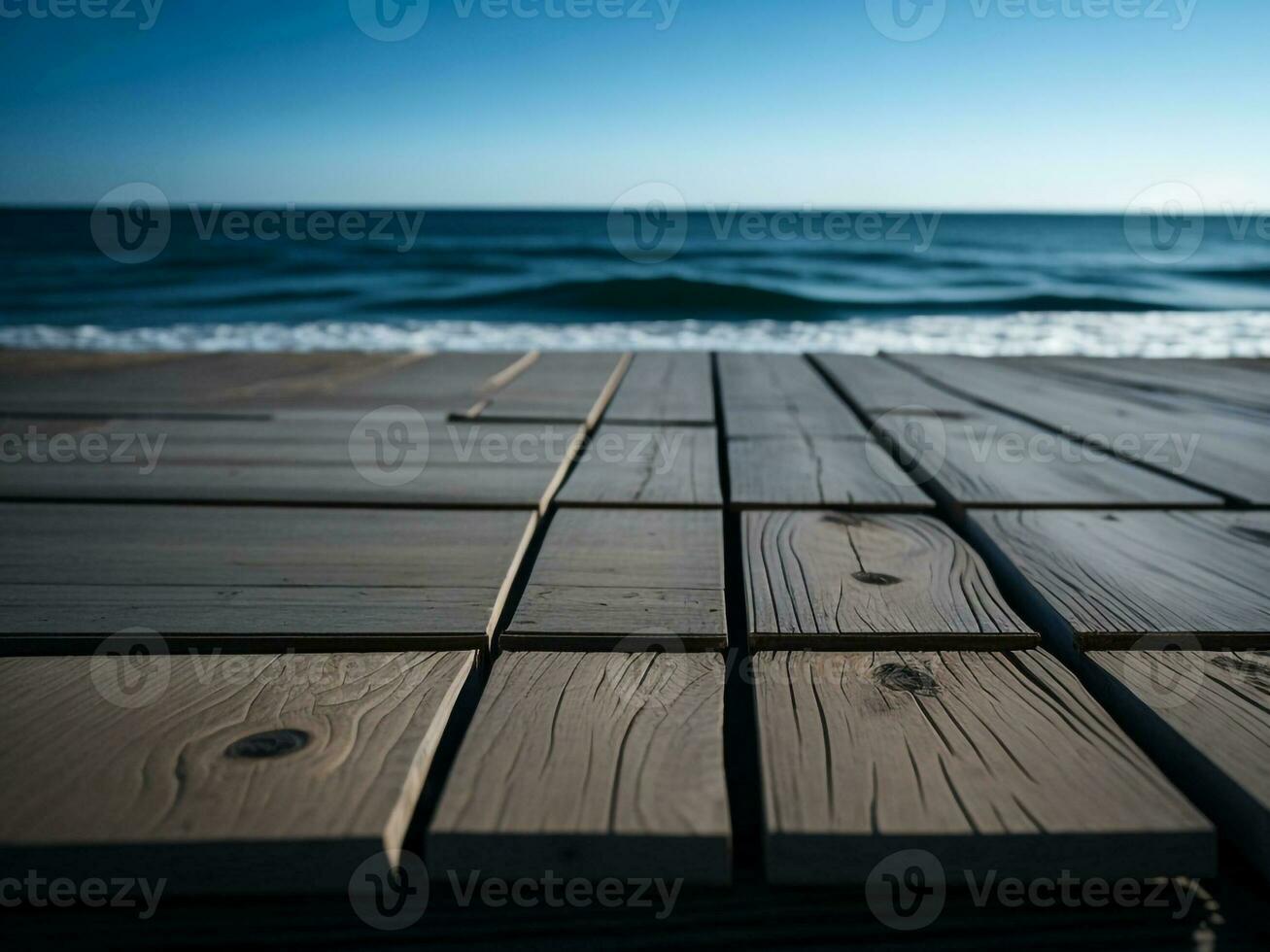 en bois table et brouiller tropical plage arrière-plan, produit afficher montage. haute qualité photo 8k fhd ai généré