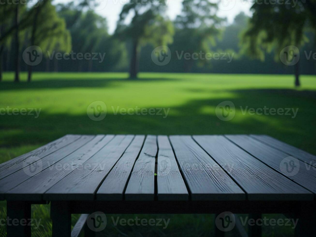 en bois table et brouiller tropical vert herbe arrière-plan, produit afficher montage. haute qualité photo 8k fhd ai généré