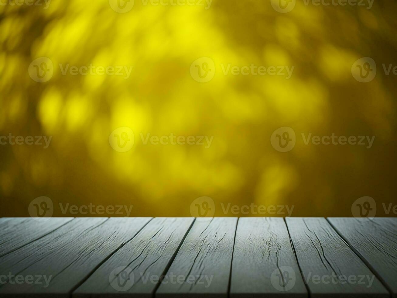 en bois table et brouiller tropical Jaune Couleur arrière-plan, produit afficher montage. haute qualité photo 8k fhd ai généré