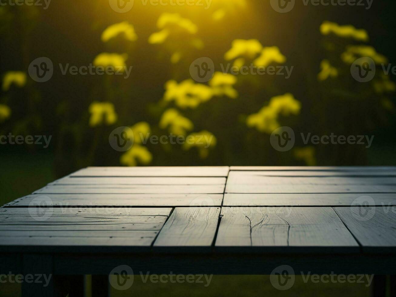 en bois table et brouiller tropical Jaune Couleur arrière-plan, produit afficher montage. haute qualité photo 8k fhd ai généré