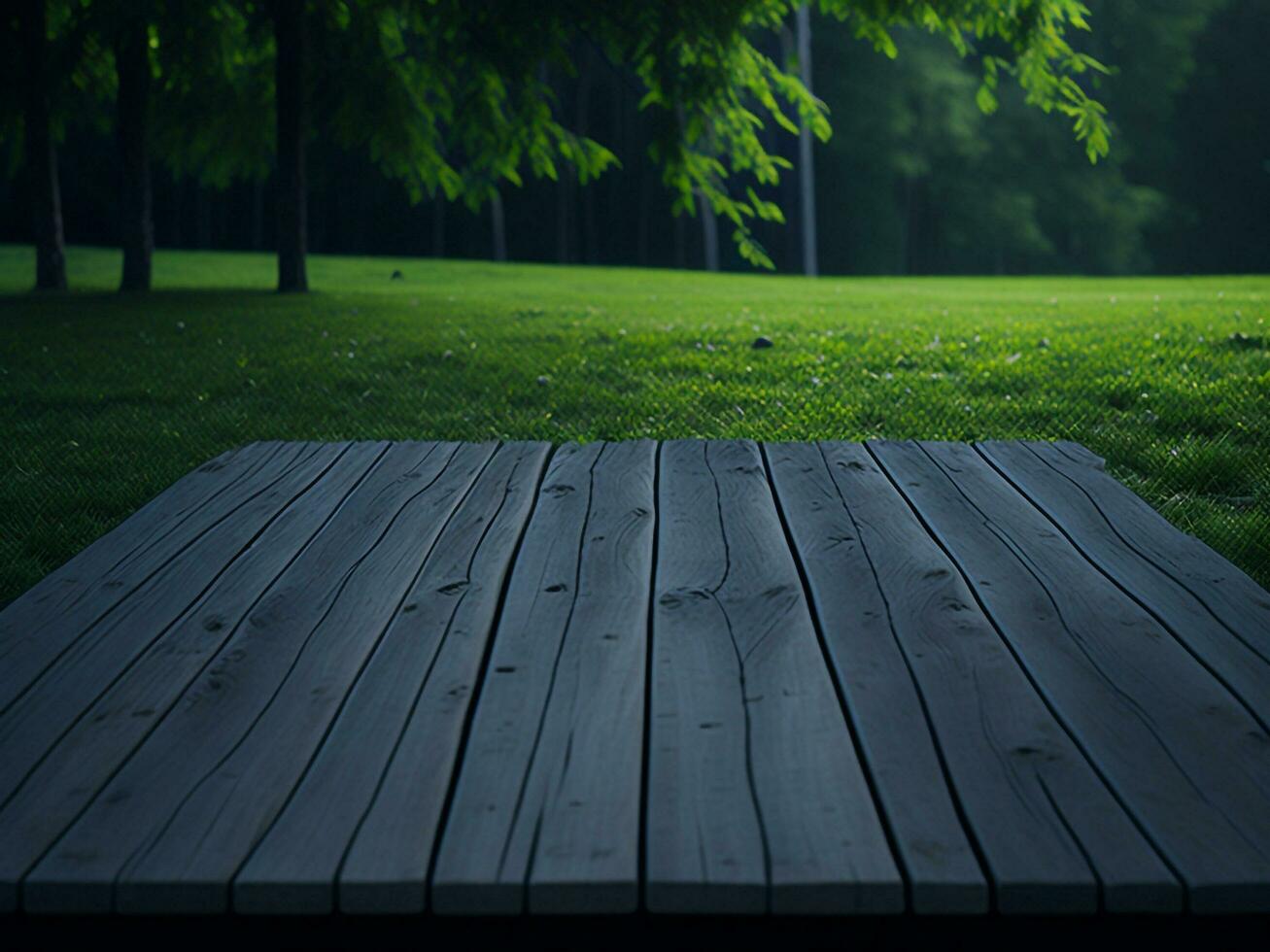 en bois table et brouiller tropical vert herbe arrière-plan, produit afficher montage. haute qualité photo 8k fhd ai généré