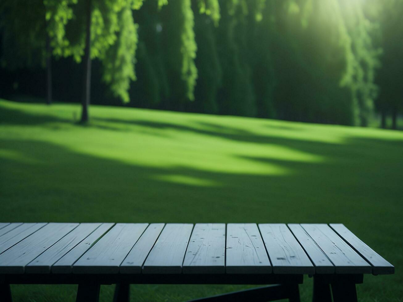 en bois table et brouiller tropical vert herbe arrière-plan, produit afficher montage. haute qualité photo 8k fhd ai généré