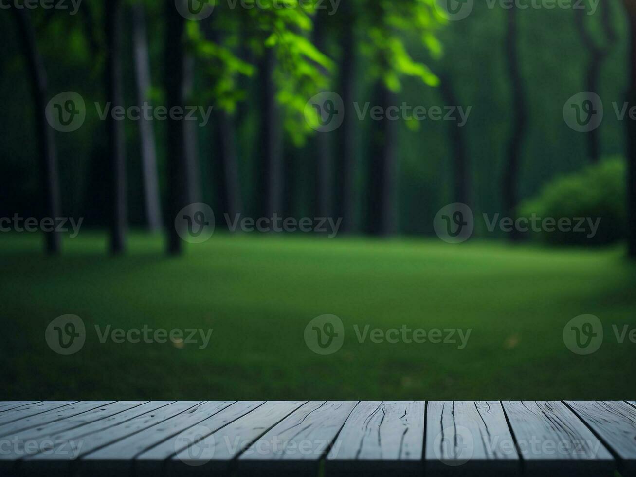 en bois table et brouiller tropical vert herbe arrière-plan, produit afficher montage. haute qualité photo 8k fhd ai généré