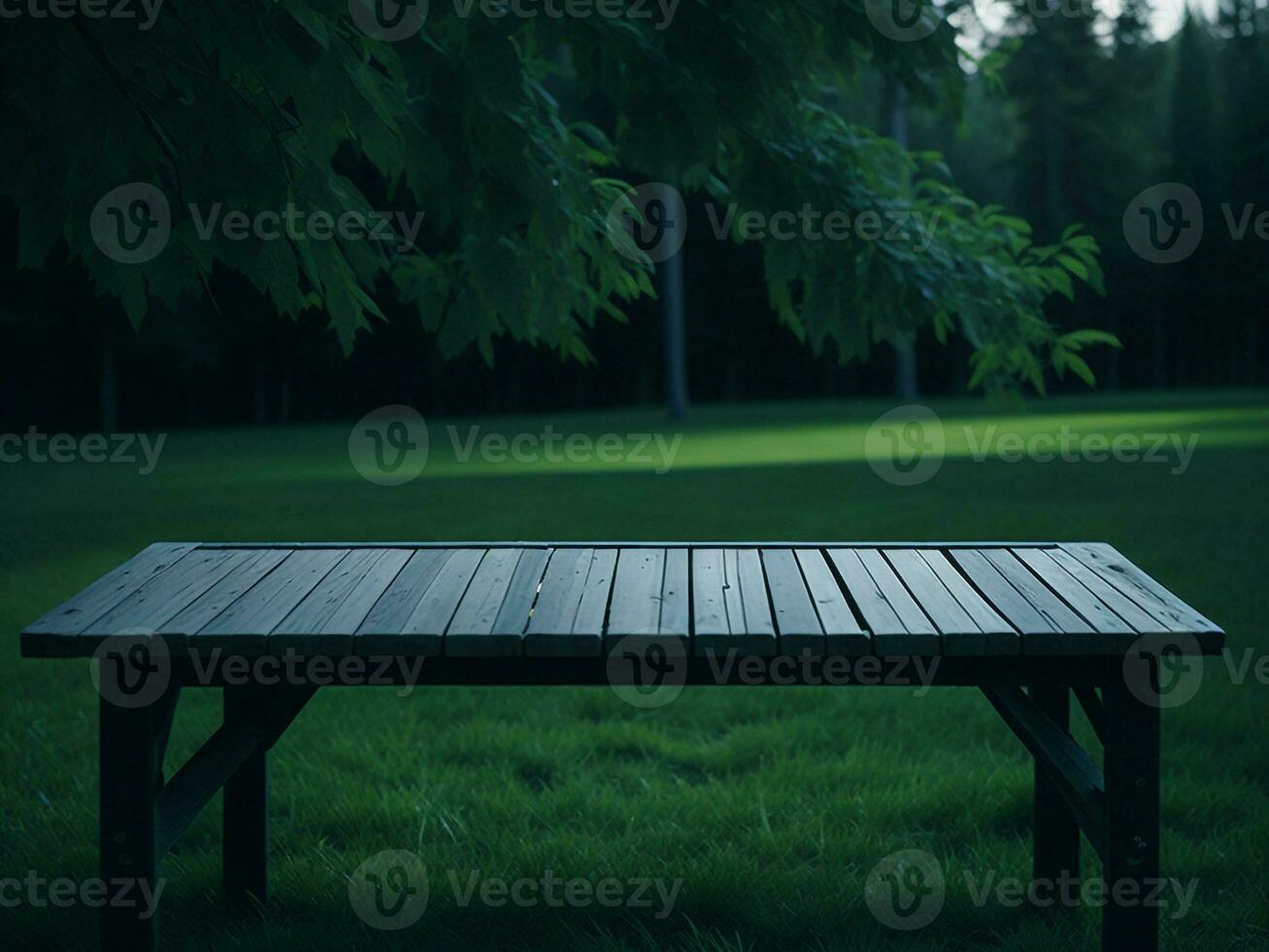 en bois table et brouiller tropical vert herbe arrière-plan, produit afficher montage. haute qualité photo 8k fhd ai généré