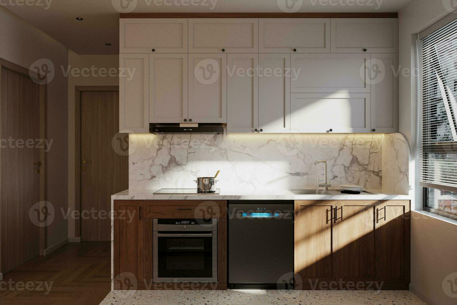 blanc et en bois correct combinaison utilisé dans contemporain cuisine 3d le rendu photo