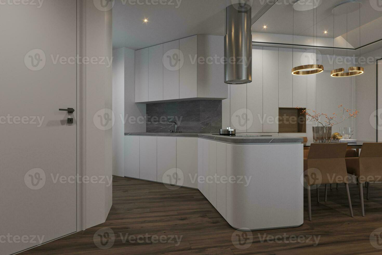 une général vue de le moderne intérieur de le à manger, et cuisine zone avec blanc décor 3d le rendu photo