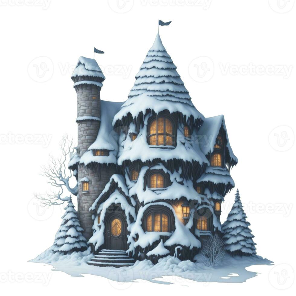 Fée conte maison dans hiver couvert avec neige graphique pour Noël ou hiver photo