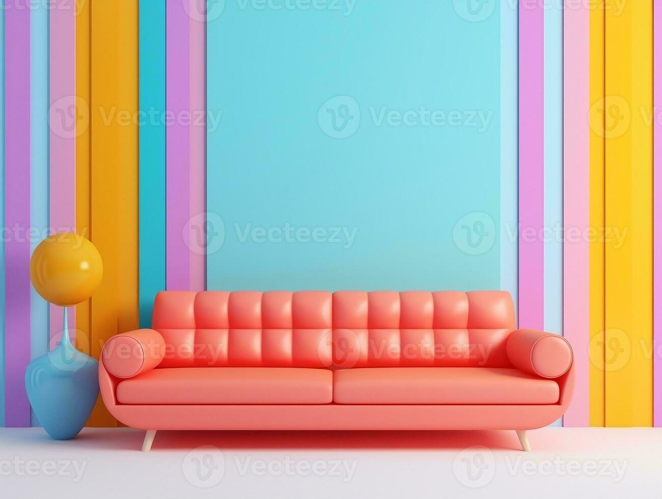 pastel multicolore vibrant sensationnel rétro rayé Contexte mur Cadre avec brillant canapé intérieur Accueil conception génératif ai photo
