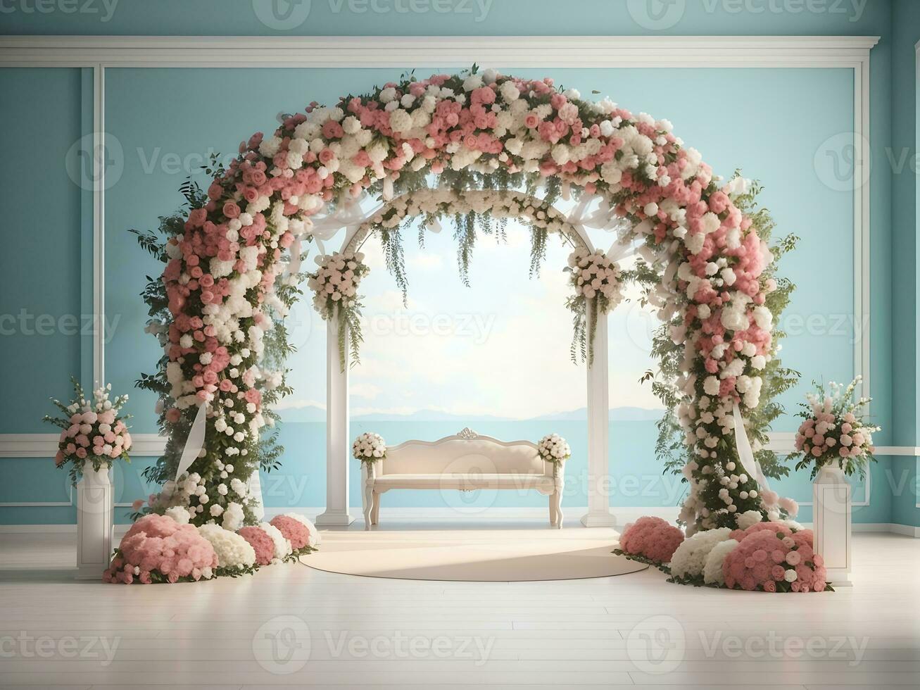 mariage cambre décoré avec une longue large, 3d le rendu photo